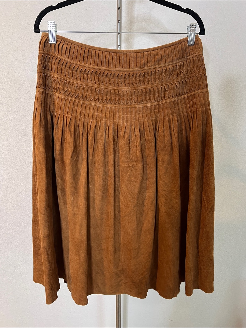 Lafayette 148 New York Suede Leather Pleated Midi Skirt in Cognac Brown